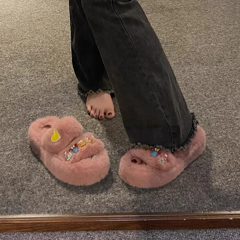 Cartoon cute thick-soled heightening children's fun furry slippers for women 2023 new autumn and winter versatile casual slipper