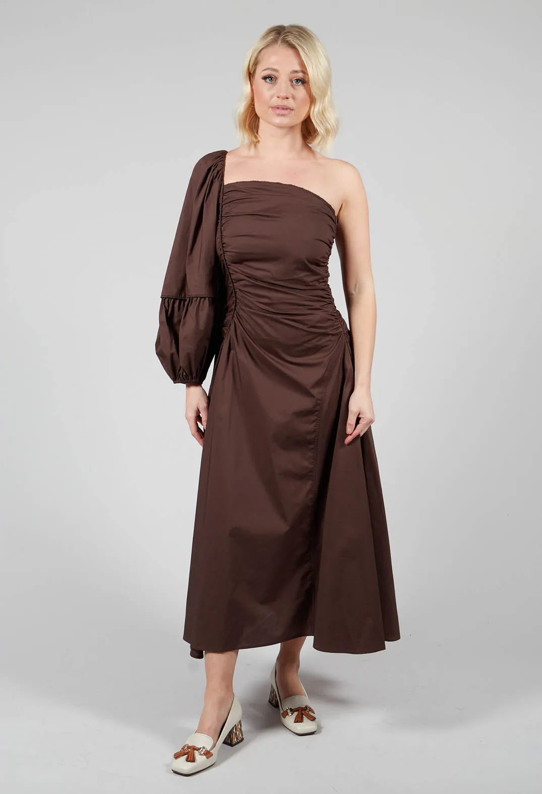 Chocolate Brown One Shoulder Ruched Dress