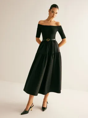 Cold-Shoulder Panel Pleated Belted Dress