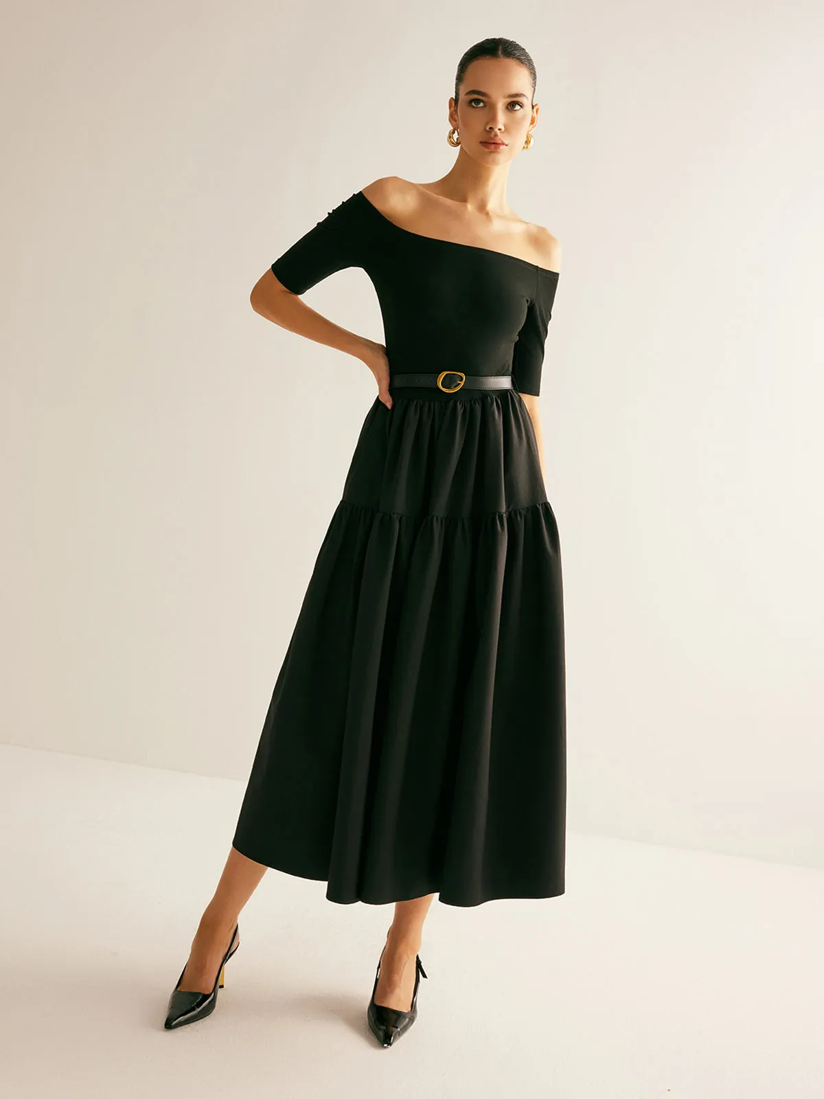 Cold-Shoulder Panel Pleated Belted Dress