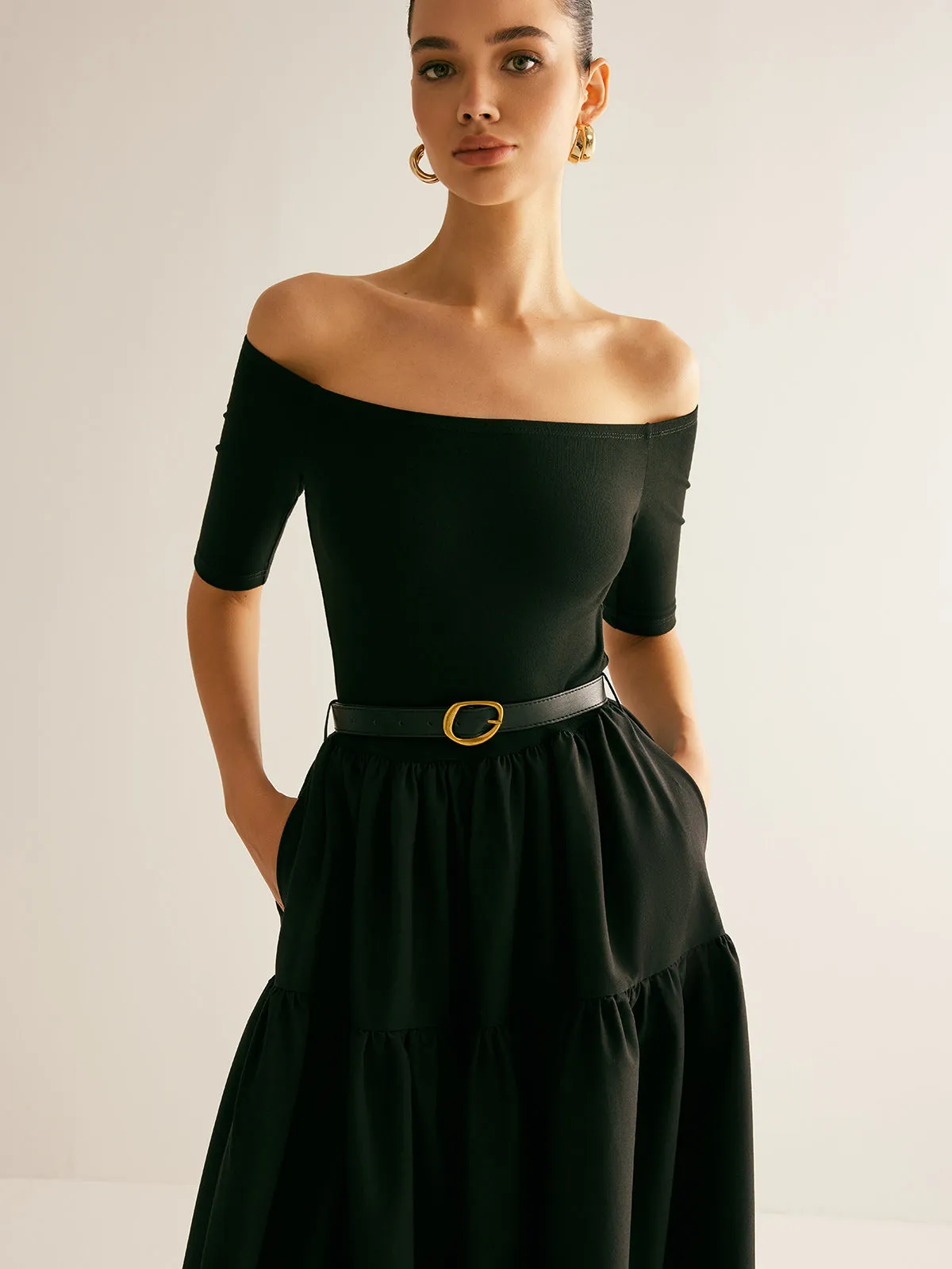 Cold-Shoulder Panel Pleated Belted Dress