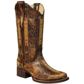 Corral Boots Cognac Ethnic Embroidery & Inlay Stud Boots E1185