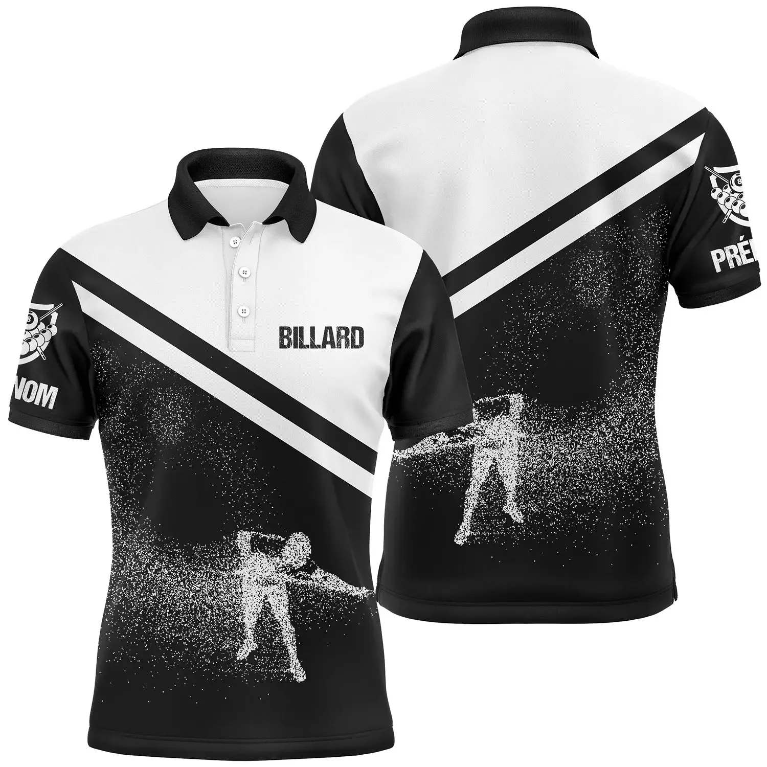 Custom Personalized Billiard Polo Shirt with Name, Black and White Billiard Player Design - CT03072312