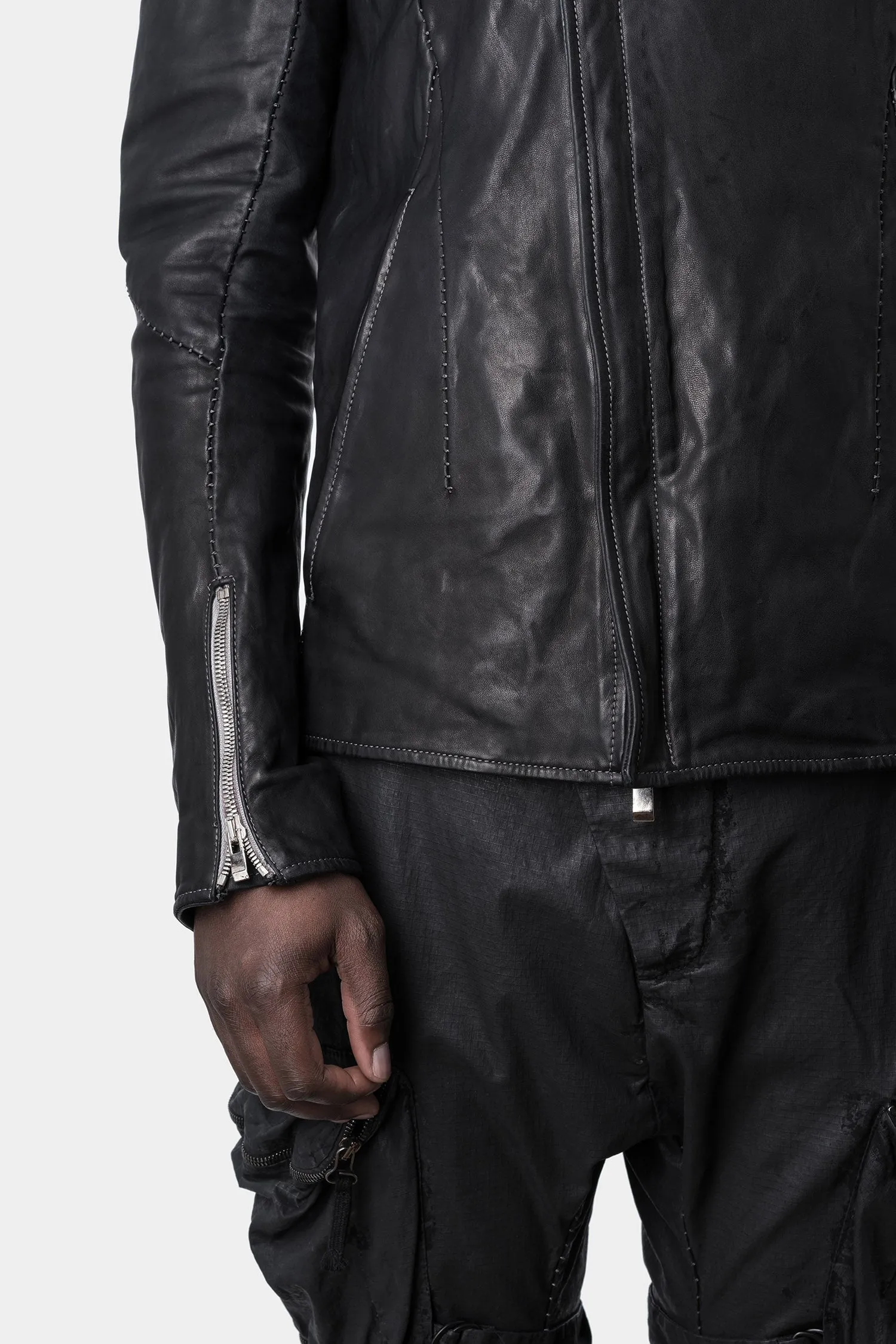 Darted shoulder scar stitch leather jacket