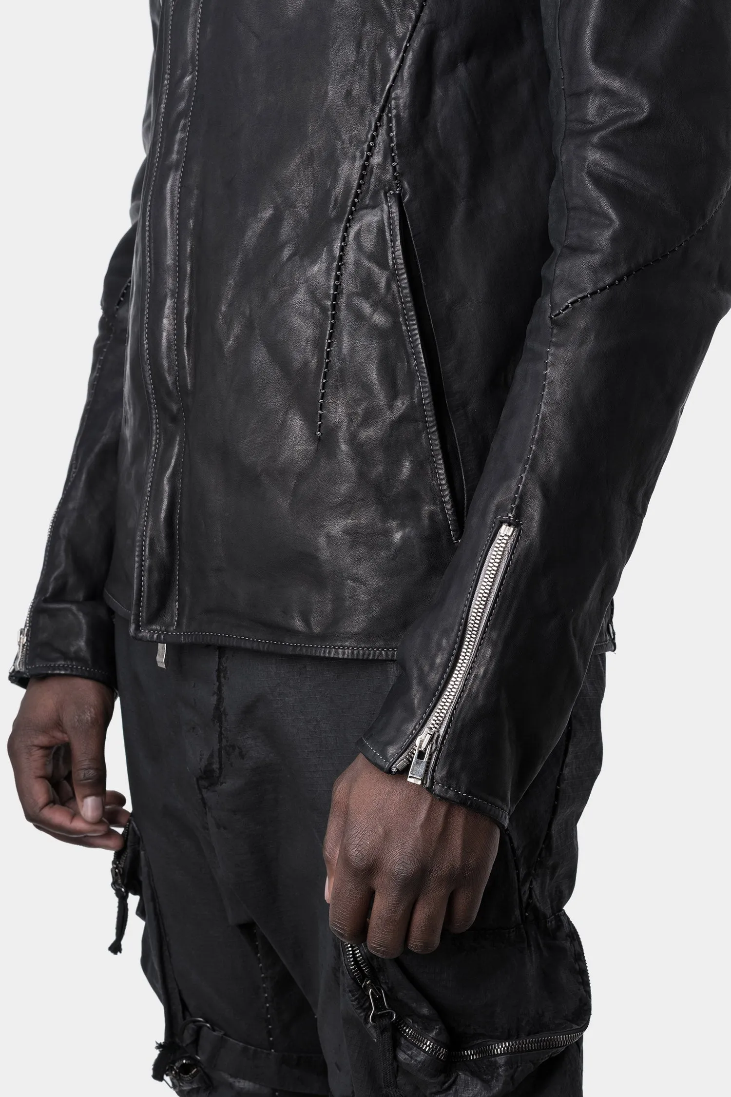 Darted shoulder scar stitch leather jacket