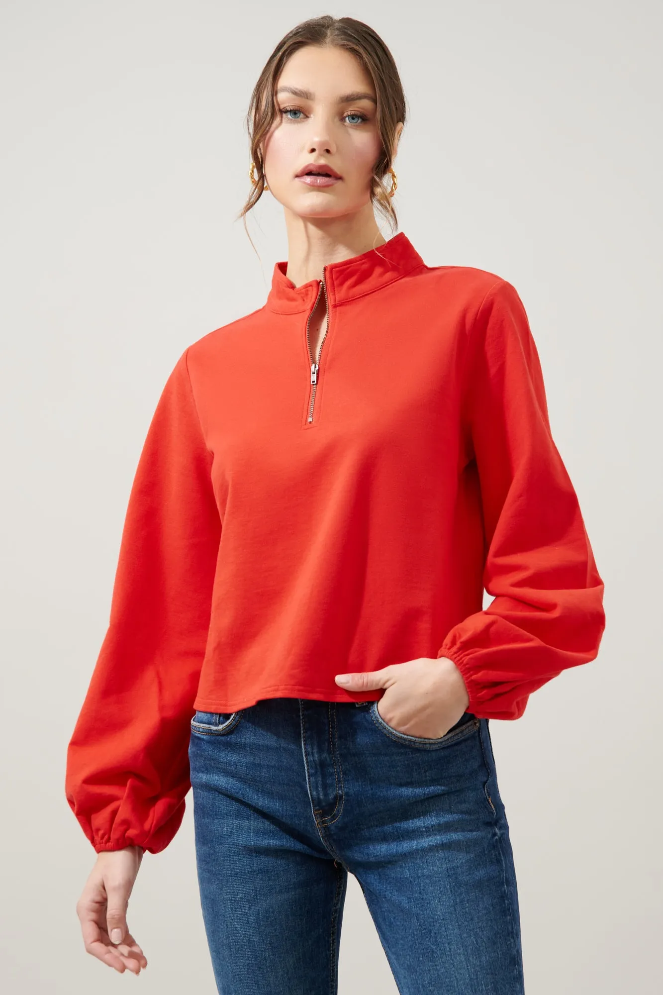 Deanna French Terry Knit Half Zip Crop Top