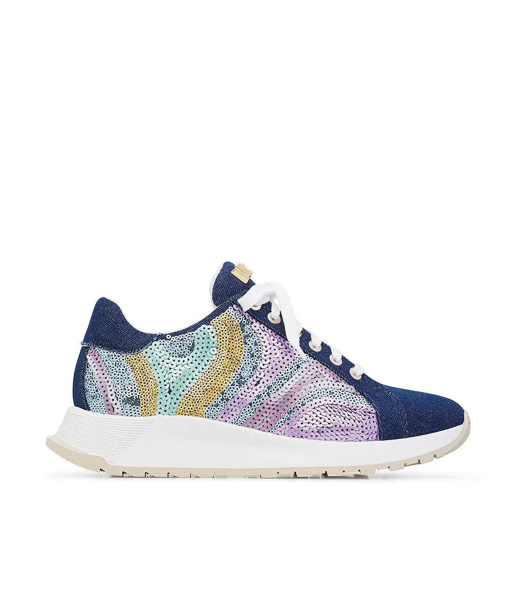 Denim sneakers embellished with colorful sequins.