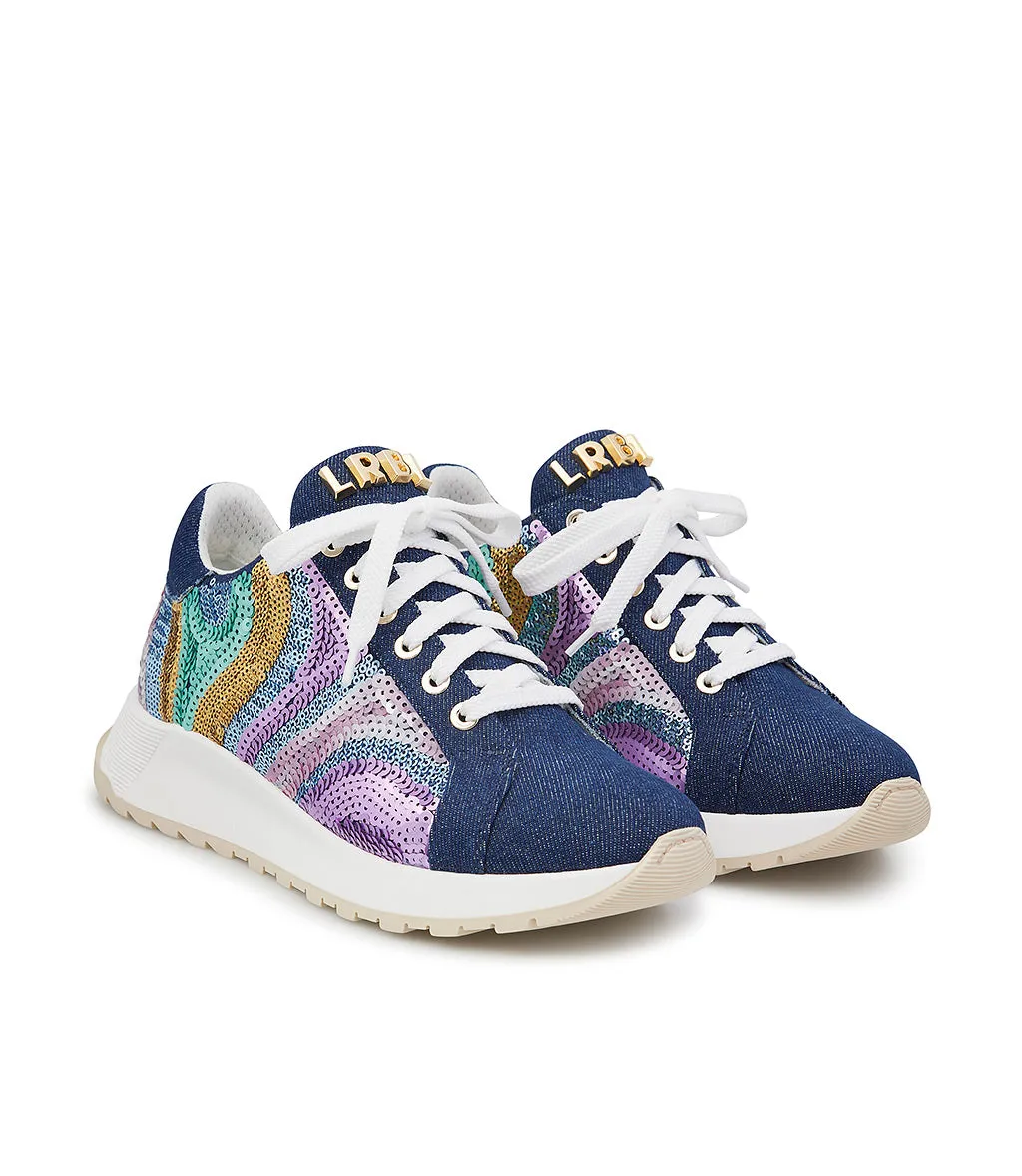 Denim sneakers embellished with colorful sequins.