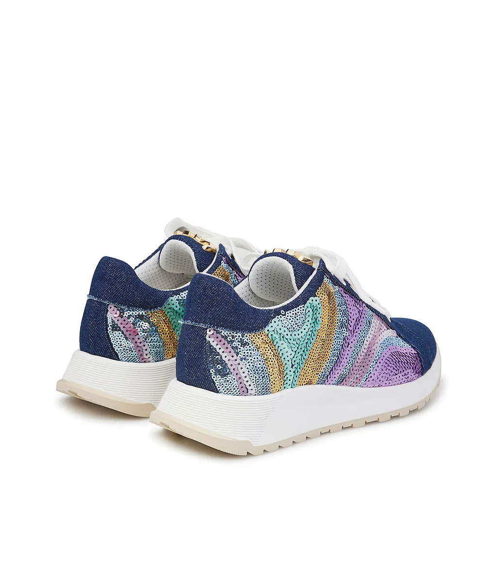 Denim sneakers embellished with colorful sequins.