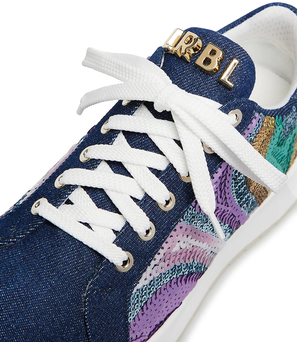 Denim sneakers embellished with colorful sequins.