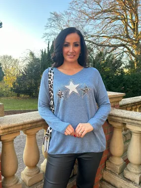 Denim Sparkle Star V Neck Knit