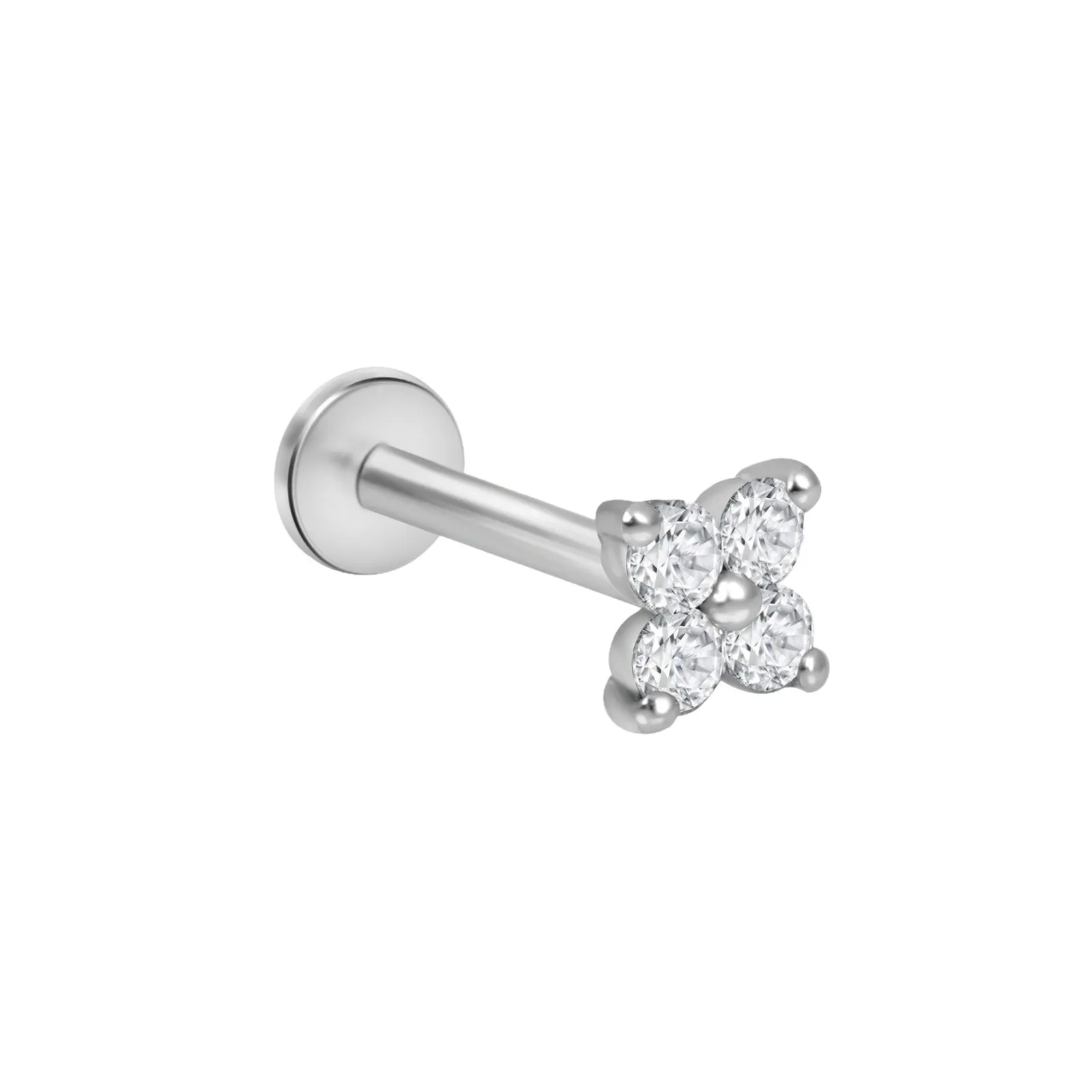 Flat Back Stud with Diamond Four Petal Flower