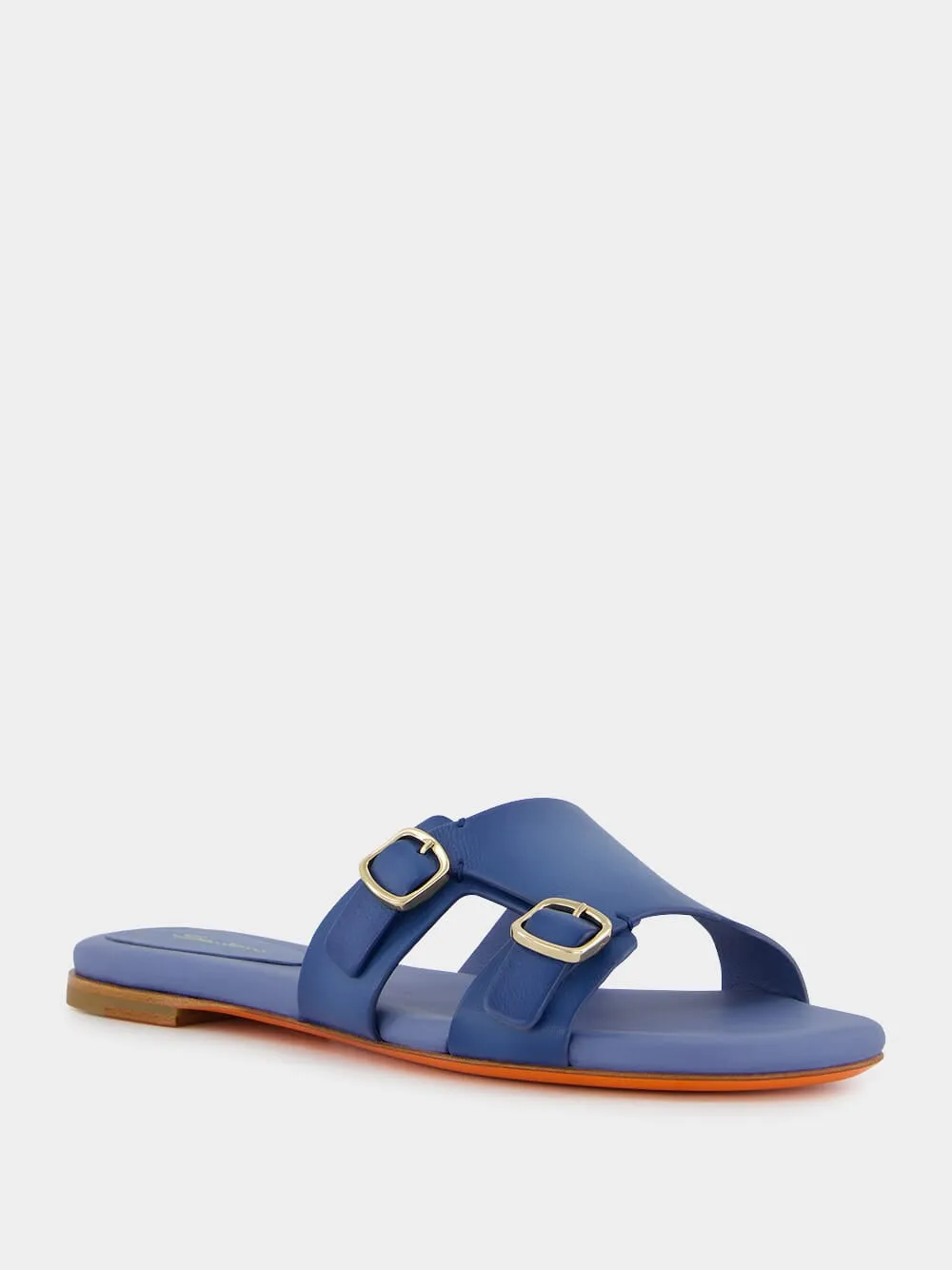 Double-Buckle Blue Leather Slides