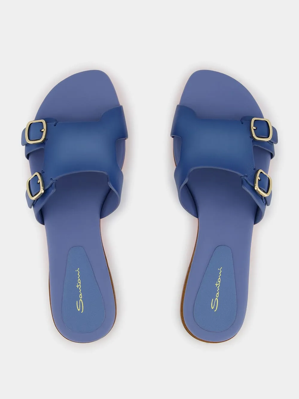 Double-Buckle Blue Leather Slides