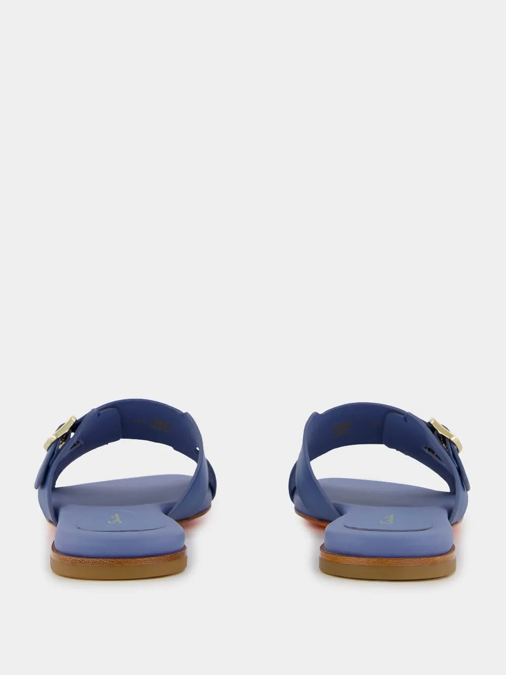 Double-Buckle Blue Leather Slides