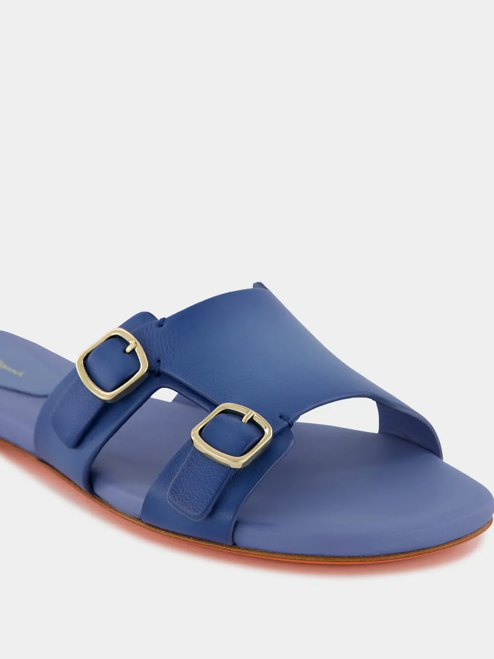 Double-Buckle Blue Leather Slides