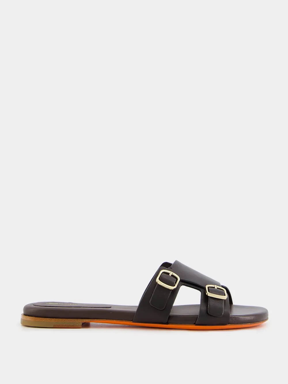 Double-Buckle Dark Brown Leather Slides