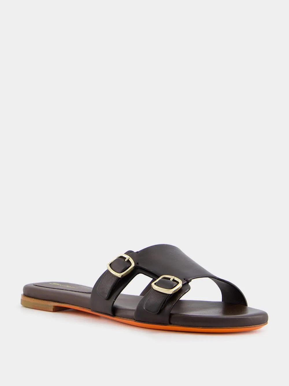 Double-Buckle Dark Brown Leather Slides