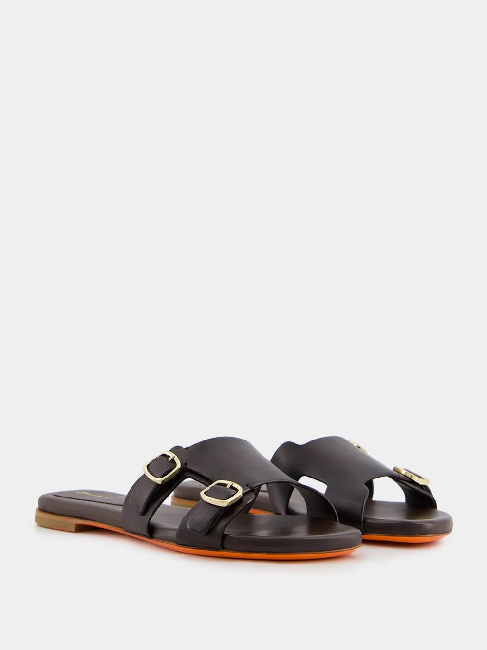 Double-Buckle Dark Brown Leather Slides