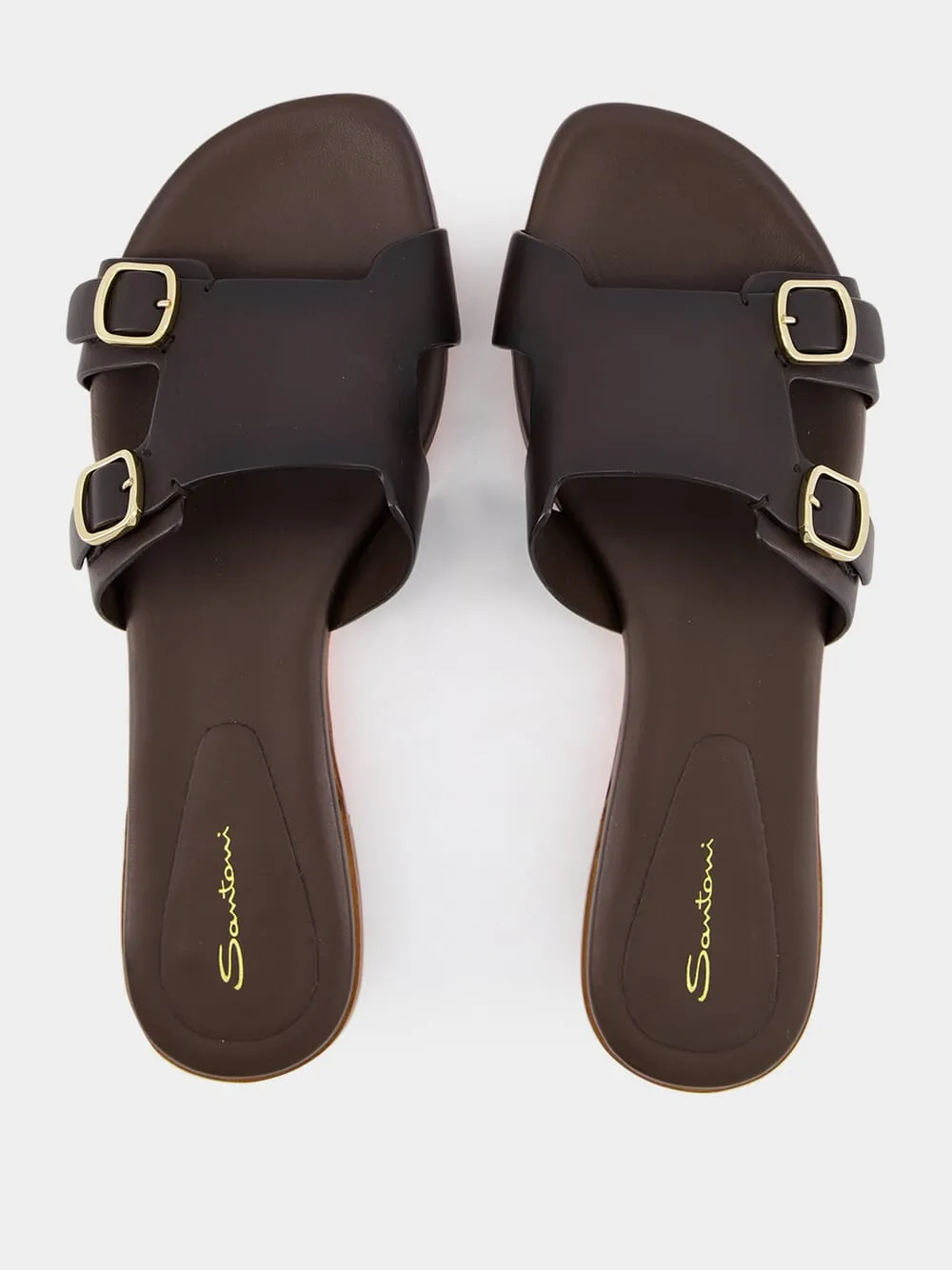 Double-Buckle Dark Brown Leather Slides