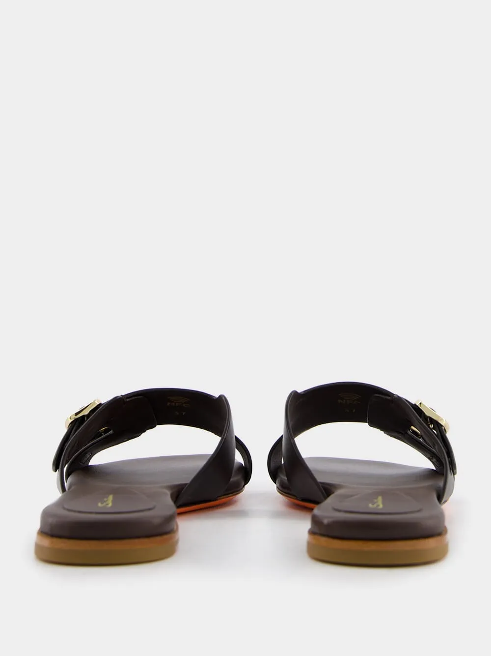 Double-Buckle Dark Brown Leather Slides