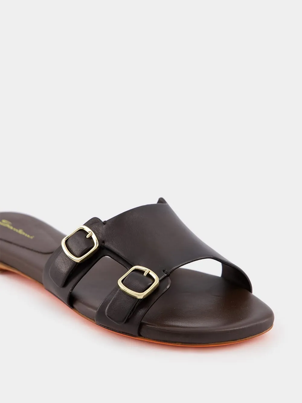 Double-Buckle Dark Brown Leather Slides