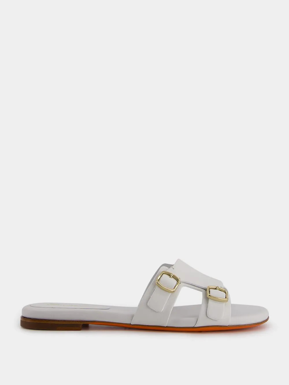 Double-Buckle White Leather Slides