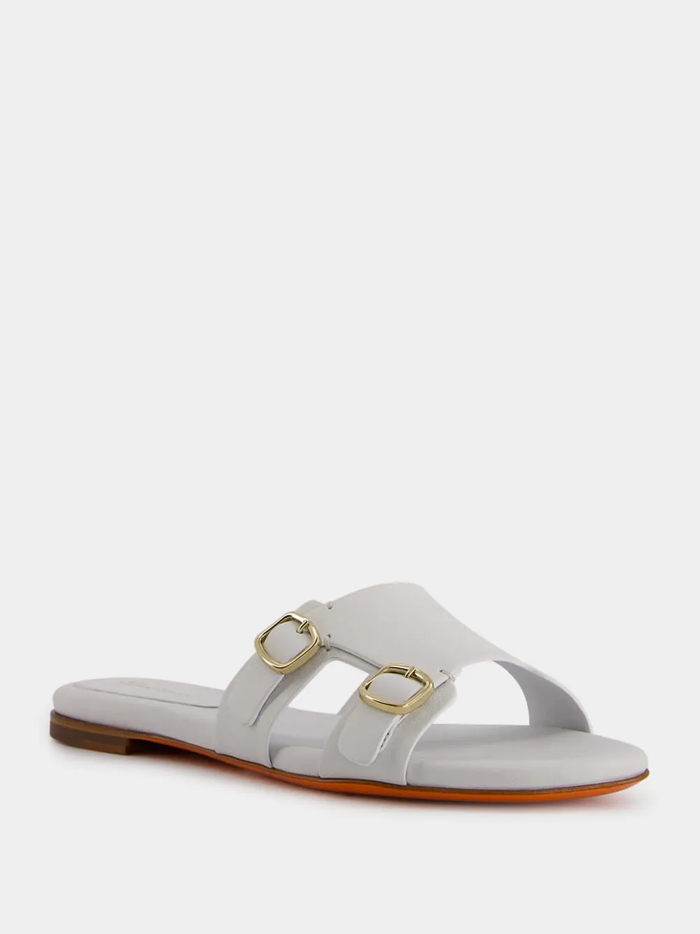 Double-Buckle White Leather Slides