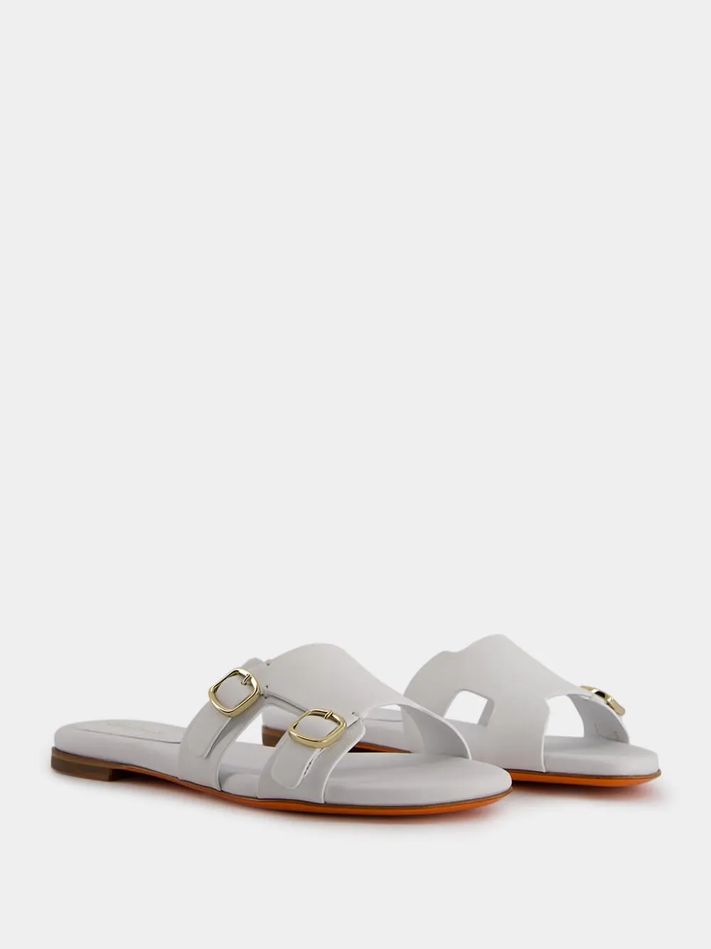 Double-Buckle White Leather Slides