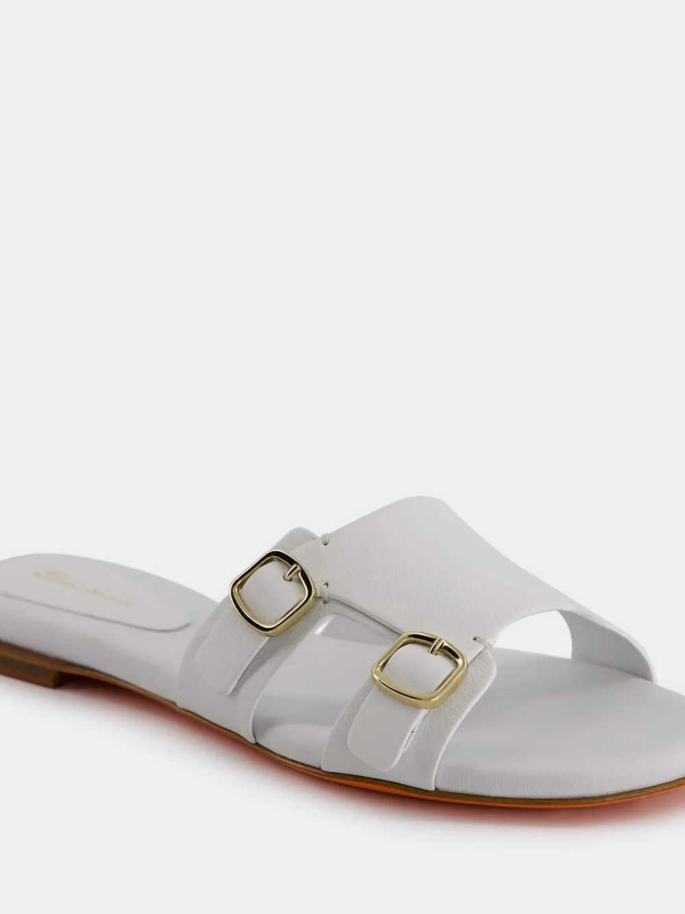 Double-Buckle White Leather Slides