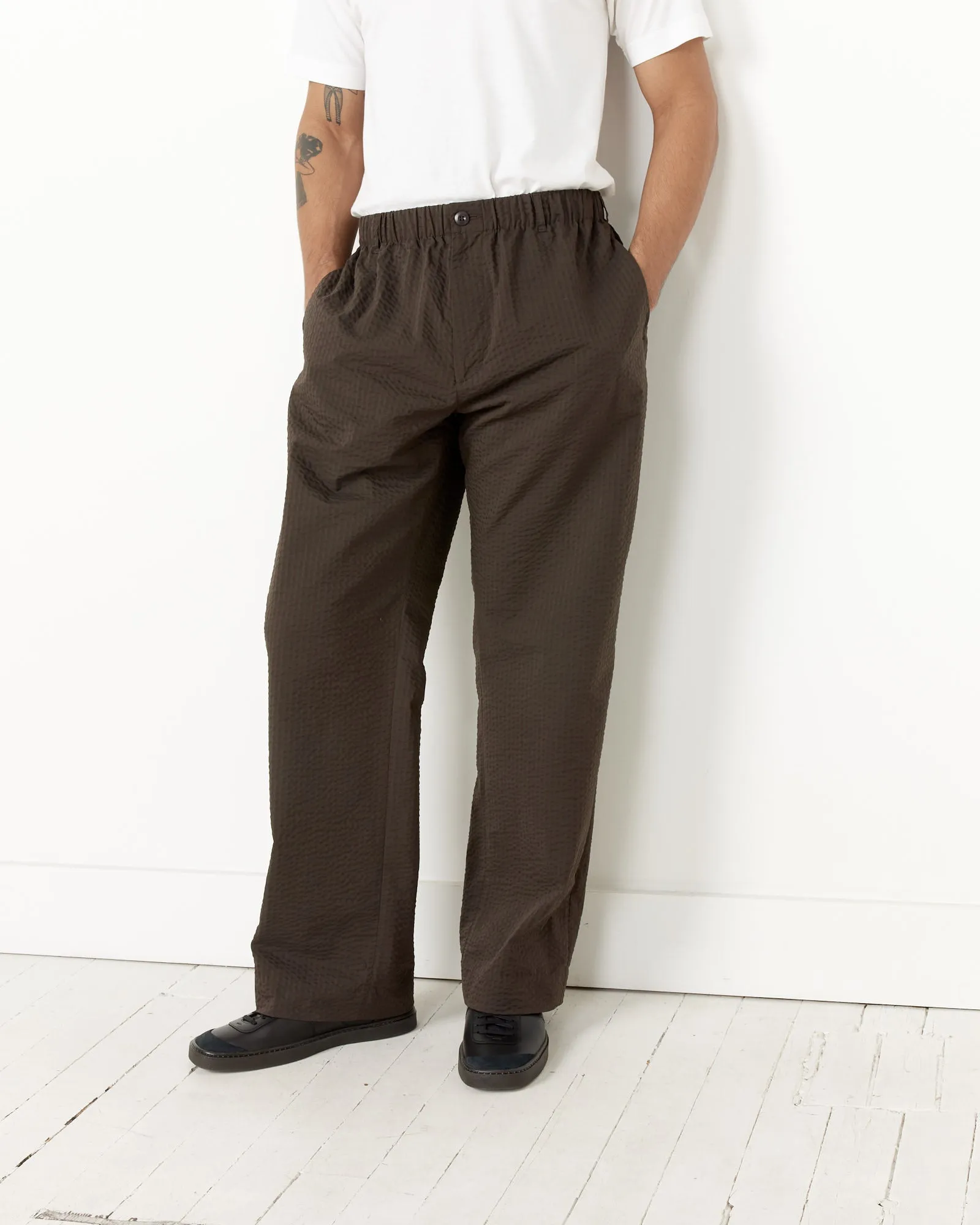 Green/Brown Striped Seersucker Drape Trousers