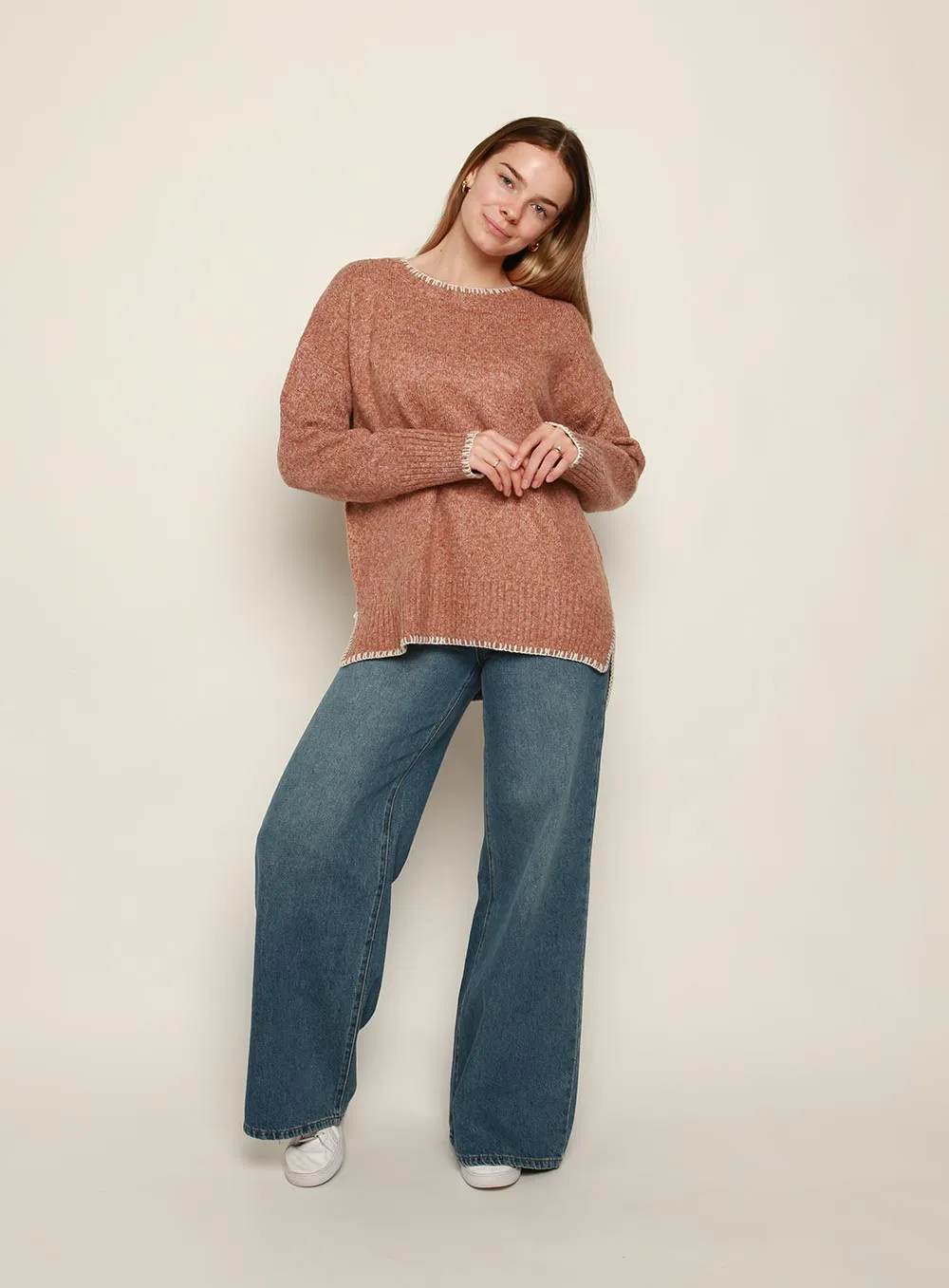 Ellidy Contrast Trim Knit Sweater in CINNAMON