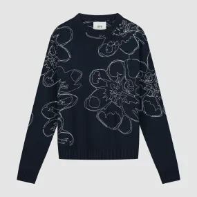 Embroidered Flower Knit - Navy