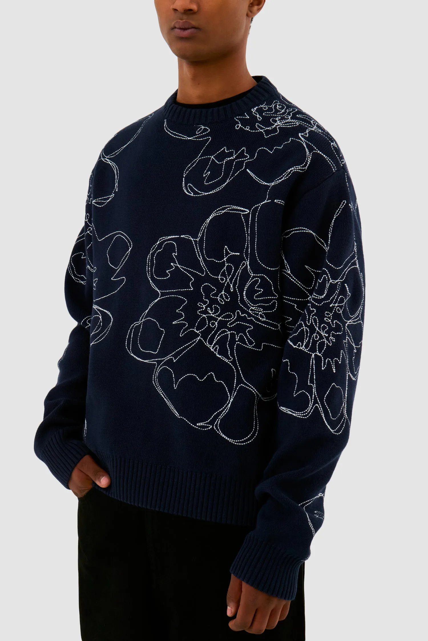 Embroidered Flower Knit - Navy