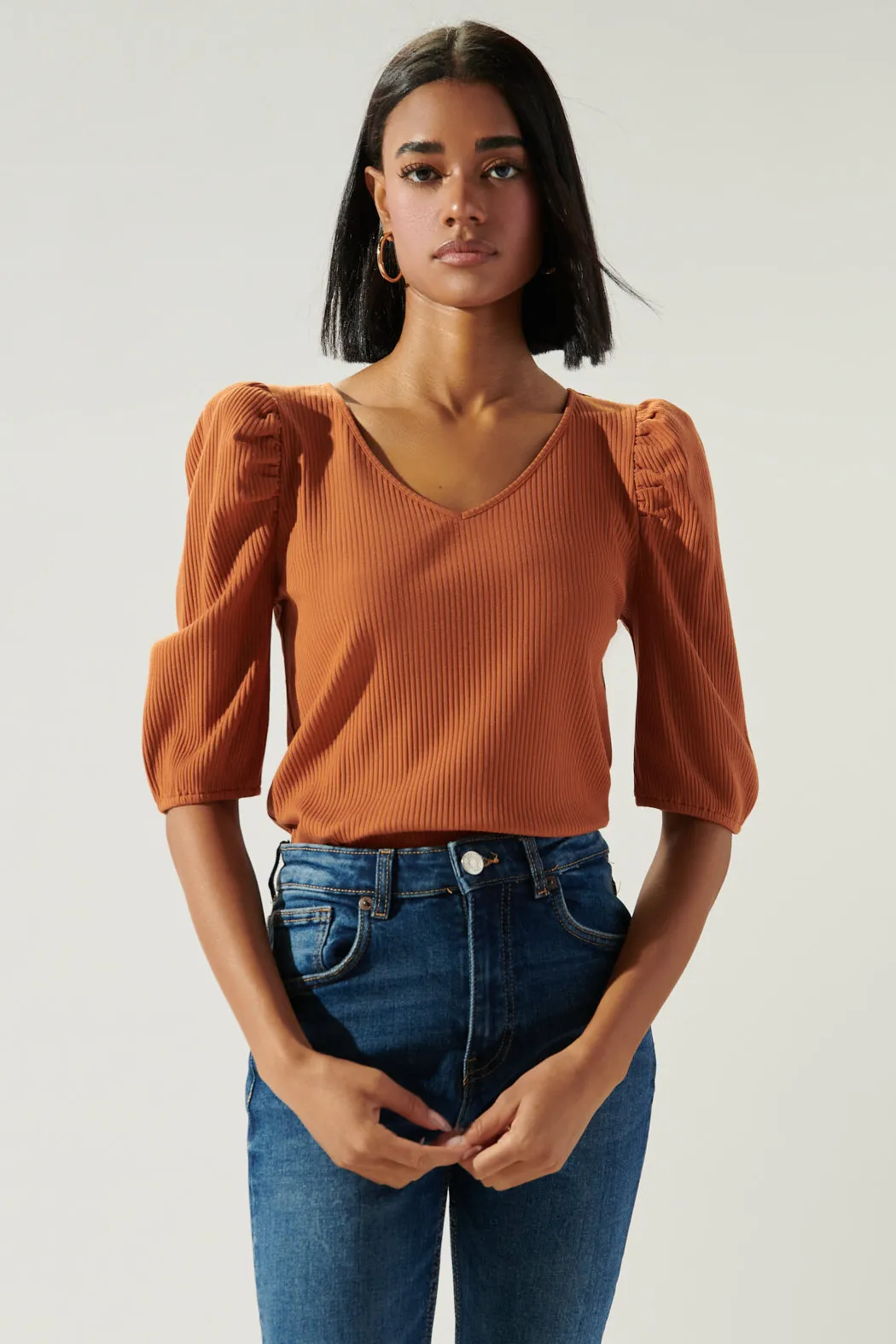 Essie Ribbed Knit Puff Sleeve Top