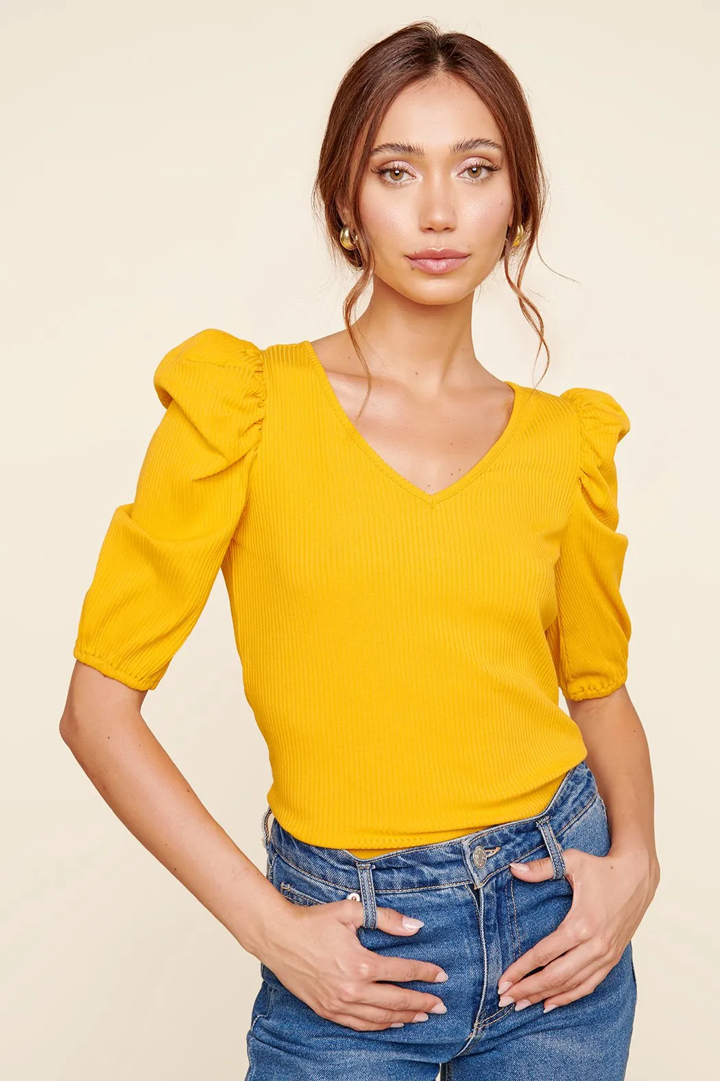 Essie Ribbed Knit Puff Sleeve Top