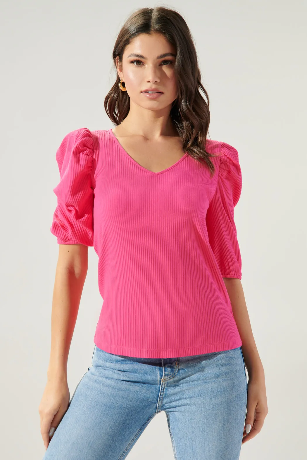 Essie Ribbed Knit Puff Sleeve Top