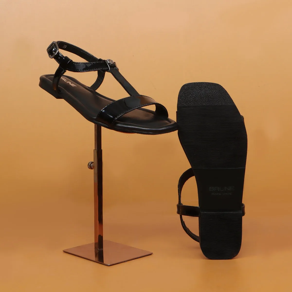 Flat Sole Women's Sandal in Black Patent Leather