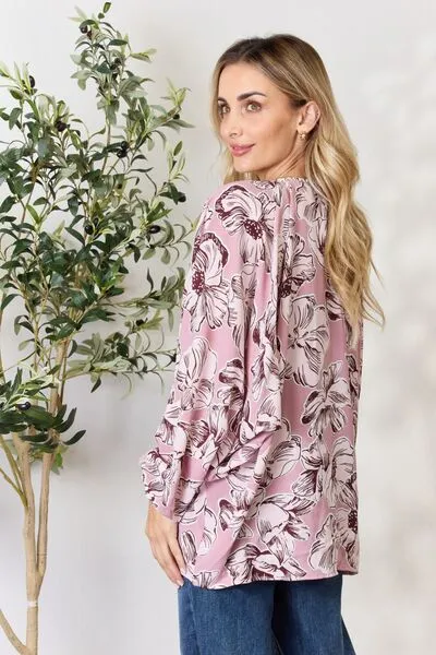 Floral V-Neck Balloon Sleeve Blouse in Heimish Full Size