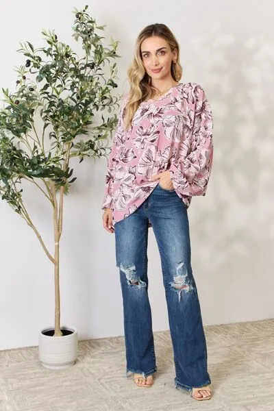 Floral V-Neck Balloon Sleeve Blouse in Heimish Full Size