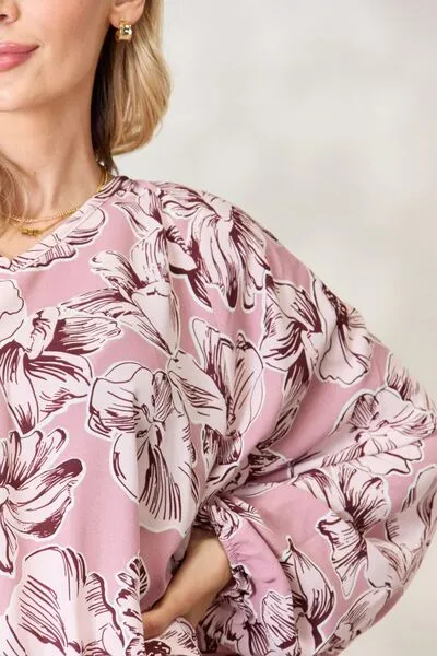 Floral V-Neck Balloon Sleeve Blouse in Heimish Full Size