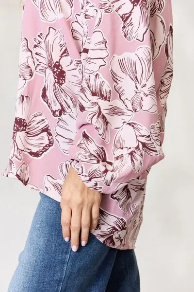 Floral V-Neck Balloon Sleeve Blouse in Heimish Full Size