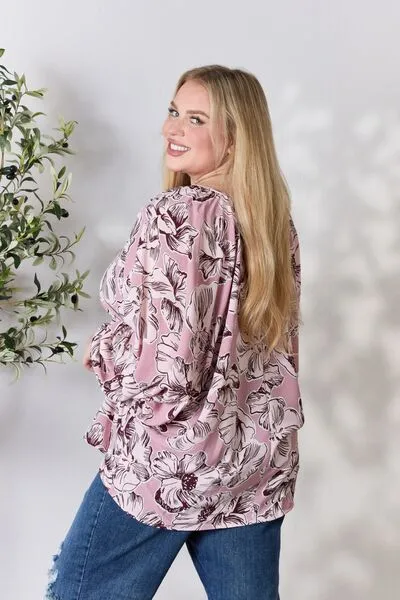 Floral V-Neck Balloon Sleeve Blouse in Heimish Full Size