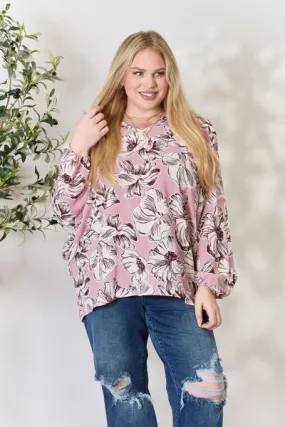 Floral V-Neck Balloon Sleeve Blouse in Heimish Full Size