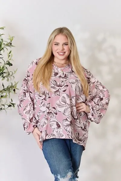 Floral V-Neck Balloon Sleeve Blouse in Heimish Full Size