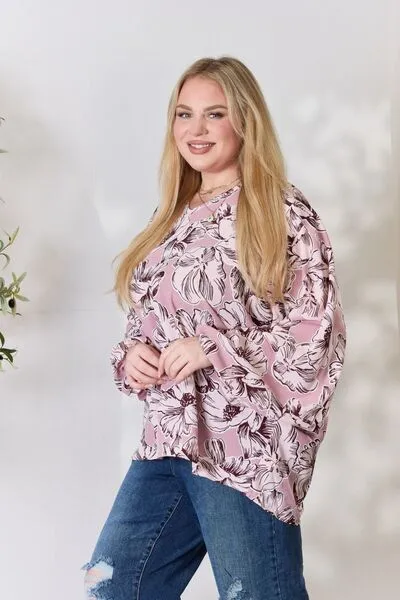 Floral V-Neck Balloon Sleeve Blouse in Heimish Full Size