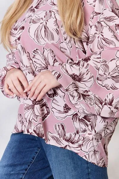 Floral V-Neck Balloon Sleeve Blouse in Heimish Full Size