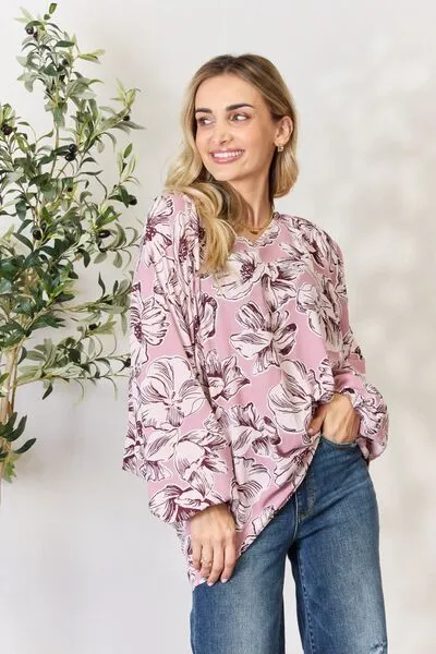 Floral V-Neck Balloon Sleeve Blouse in Heimish Full Size