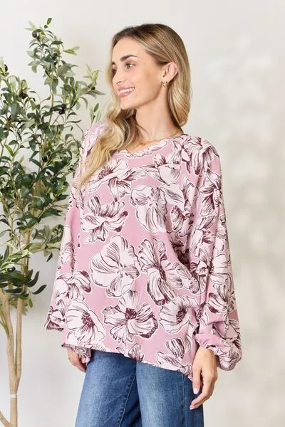 Floral V-Neck Balloon Sleeve Blouse in Heimish Full Size