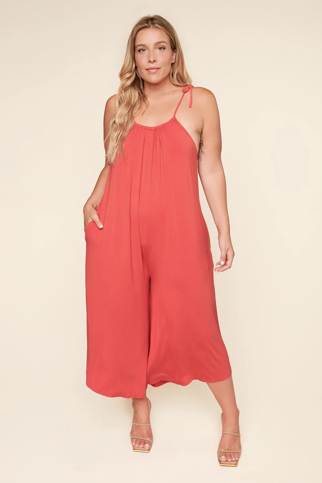 Florence Flowy Sleeveless Jersey Knit Jumpsuit Curve